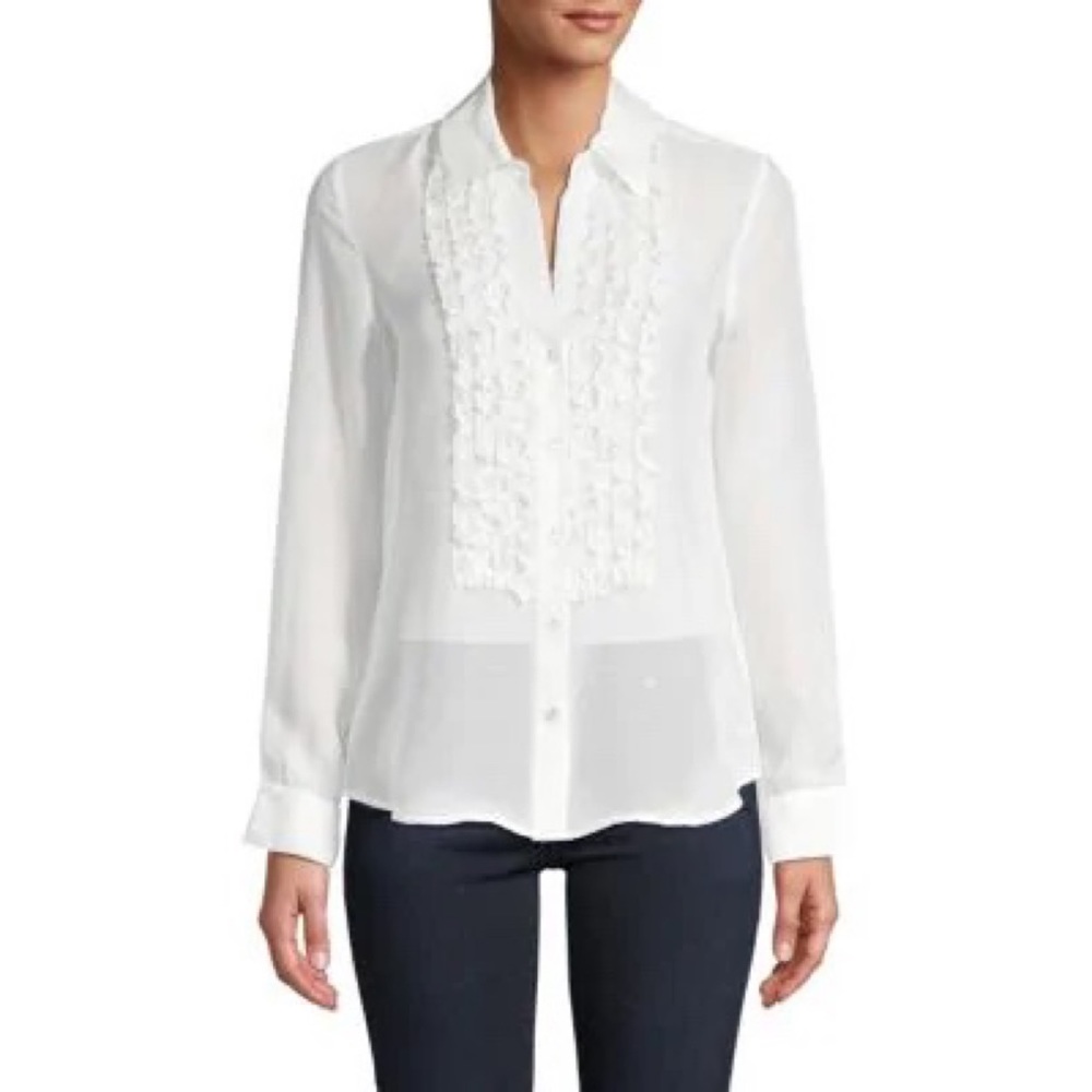 L'Agence Cream Ivory Ruffled-Trim Silk Sheer Shirt S